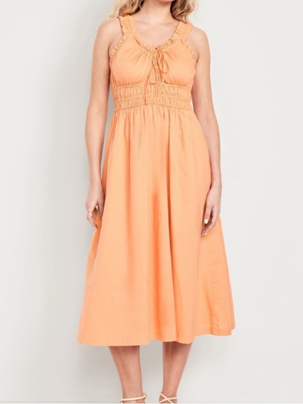 Old Navy Waist Defined Ruffle Midi Dress Women’s Large Peach Orange Casual
